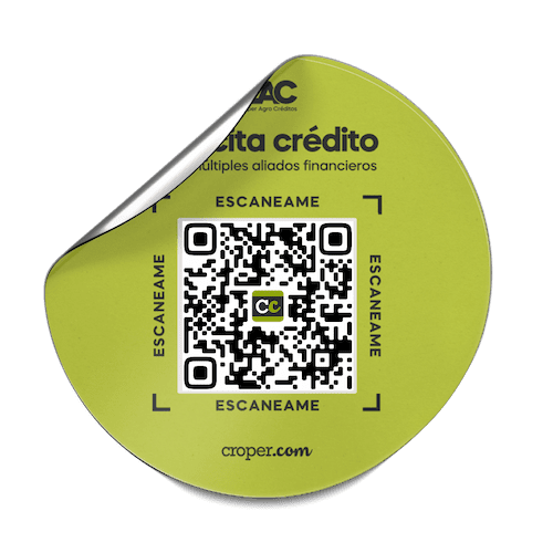 Adhesivo circular verde del kit "Crédito en tu negocio", con un espacio para código QR y el texto "Escaneame" para colocar en tienda.
