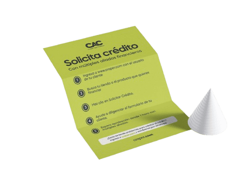 Exhibidor de mostrador para punto de venta, parte del kit "Crédito en tu negocio", con diseño para código QR para solicitar financiamiento.