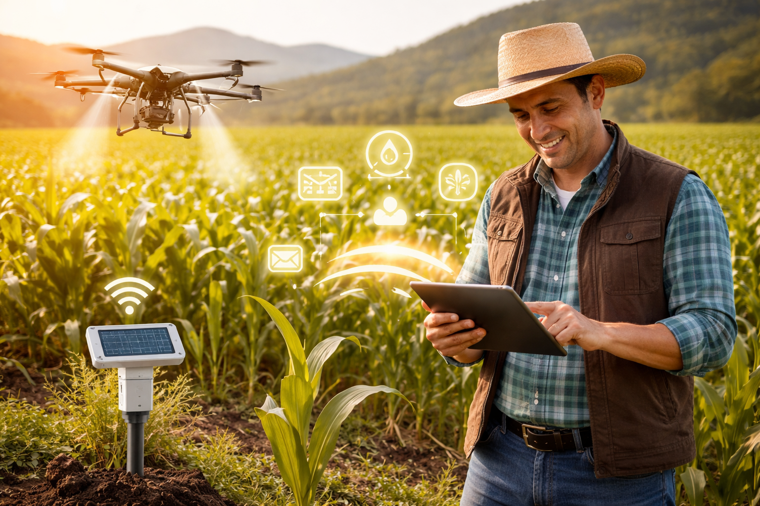 Productor colombiano usando un dron y sensores en un cultivo de maíz, monitoreando datos agrícolas en su tablet, representando agricultura de precisión y tecnología accesible