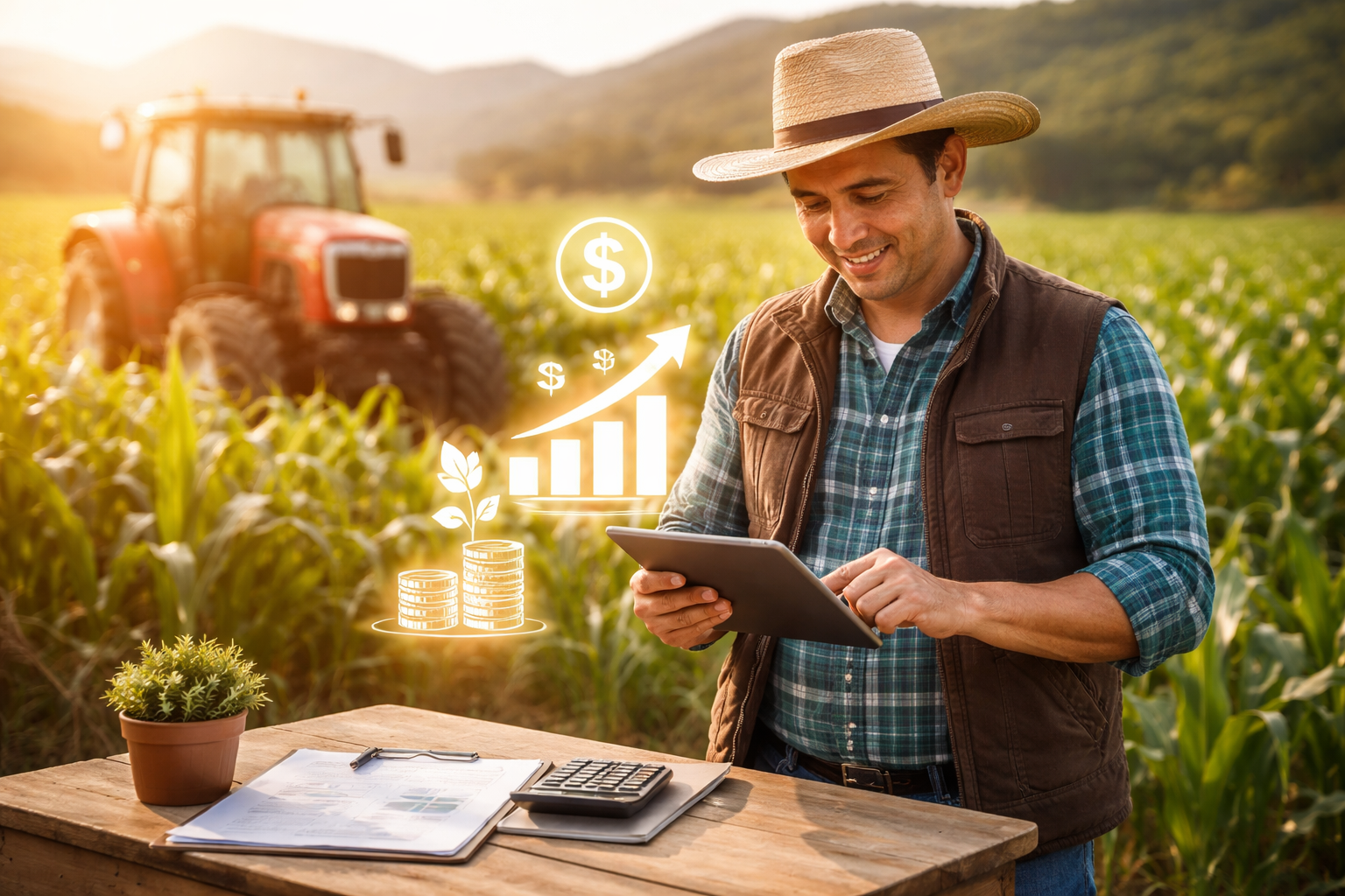 Productor agrícola colombiano revisando crédito para financiar maquinaria en 2026”